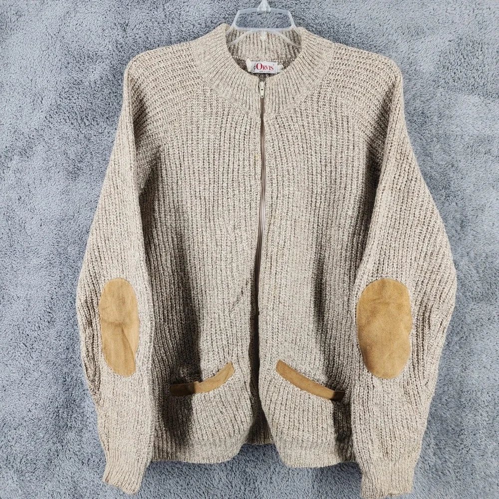 Orvis Sweater Mens L Tan Wool Blend Full Zip Elbow Patch Made in USA 90s Vintage